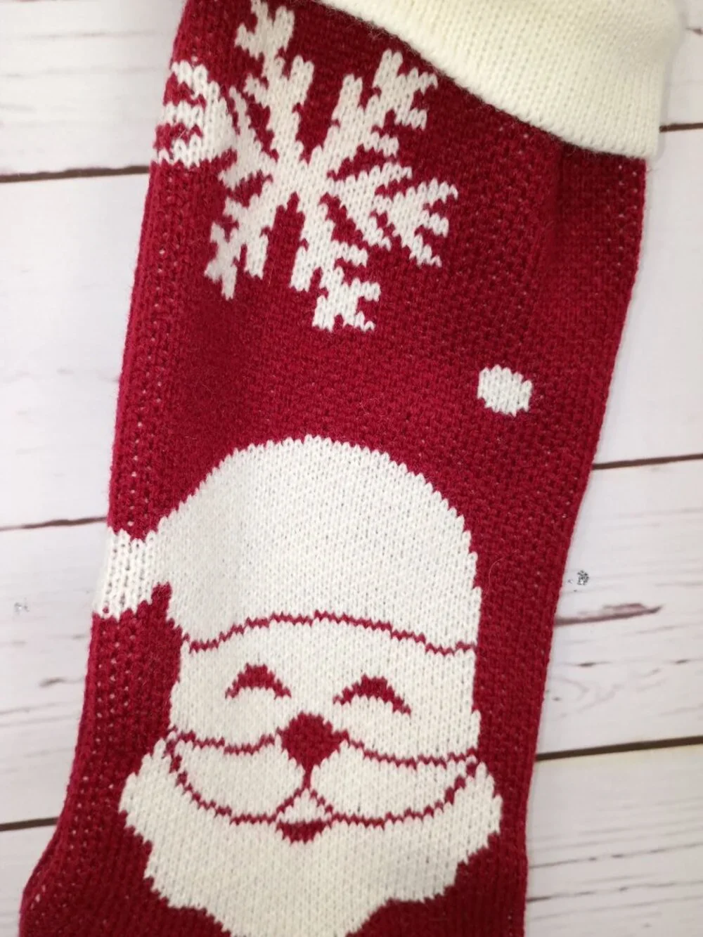 Knit Christmas Stocking With Santa & Snowflakes Design Red & White Holiday Decor